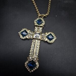 JTV Off Park Collection Blue Rhinestone Cross Necklace Gold Tone LONG